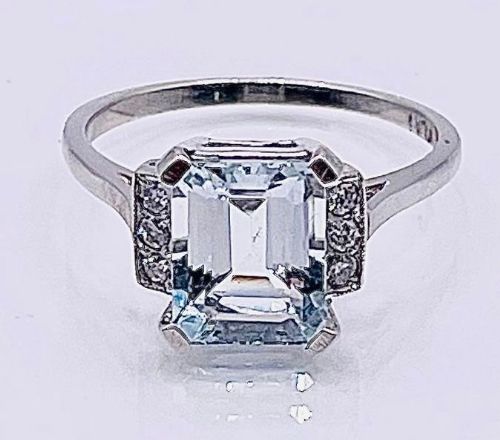 Emerald Cut Aquamarine & Diamond Accents on Platinum Ring (Size O)