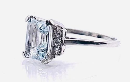 Emerald Cut Aquamarine & Diamond Accents on Platinum Ring (Size O)