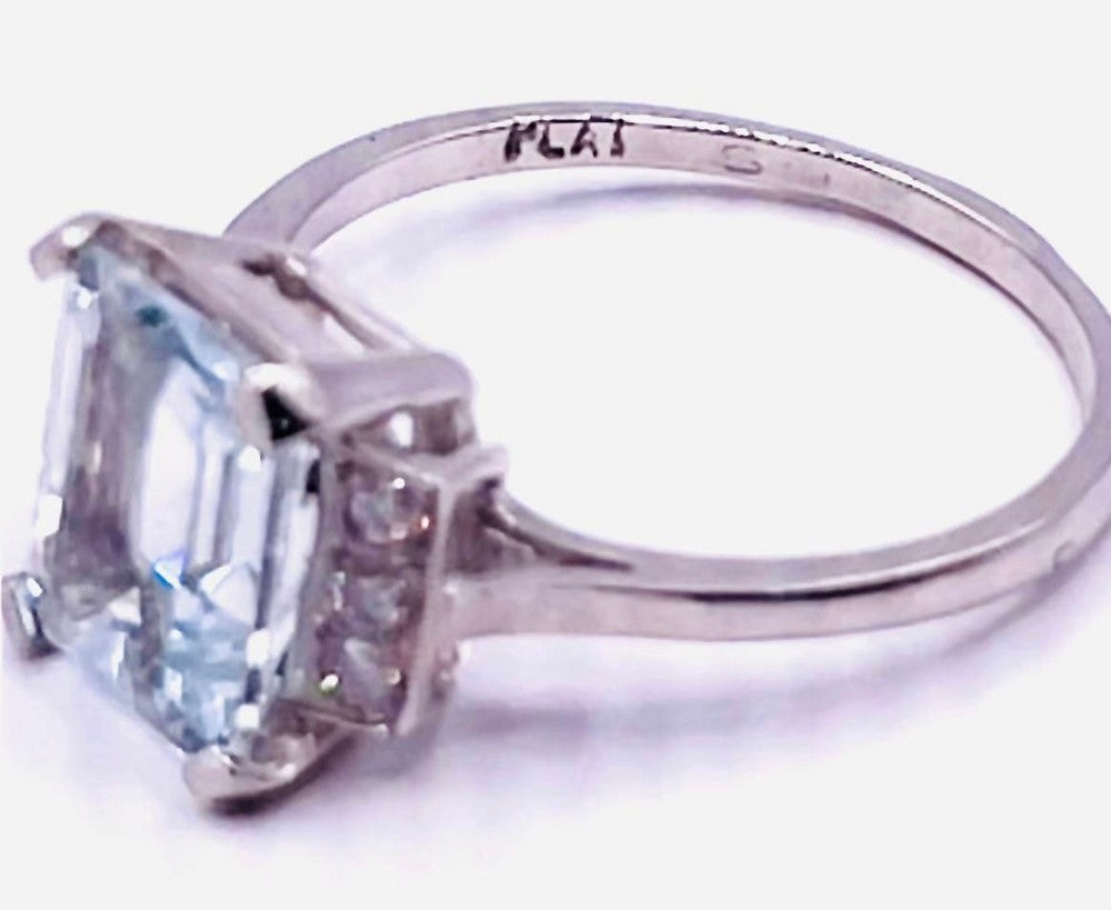 Emerald Cut Aquamarine & Diamond Accents on Platinum Ring (Size O)