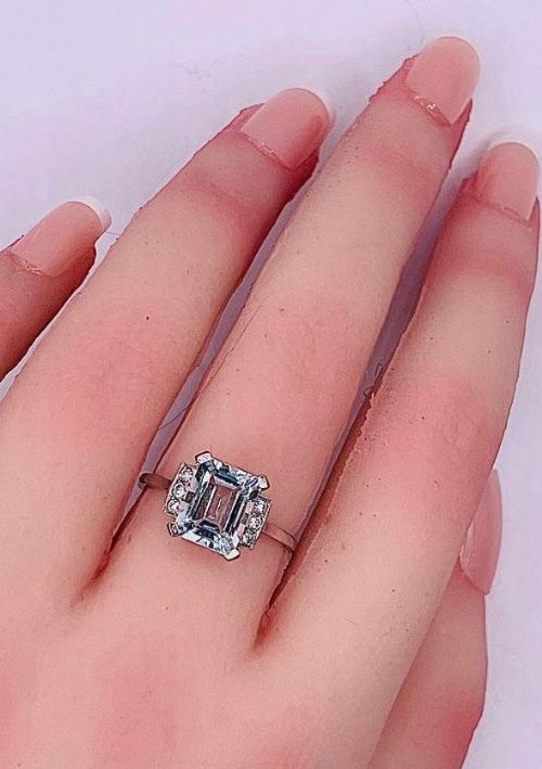 Emerald Cut Aquamarine & Diamond Accents on Platinum Ring (Size O)