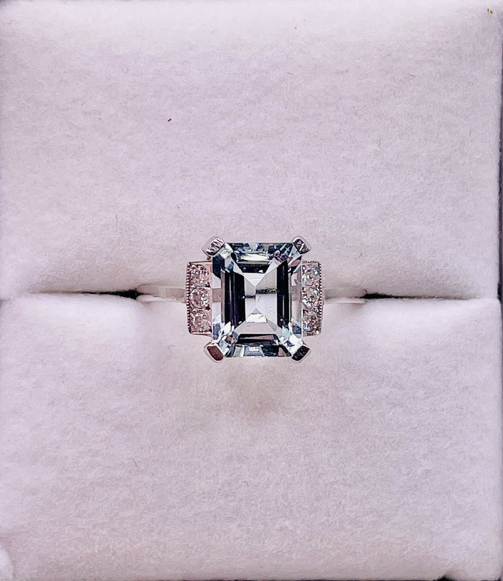 Emerald Cut Aquamarine & Diamond Accents on Platinum Ring (Size O)