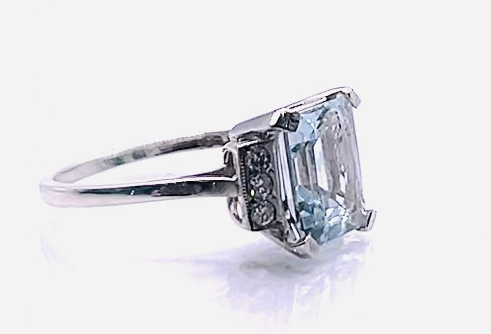Emerald Cut Aquamarine & Diamond Accents on Platinum Ring (Size O)