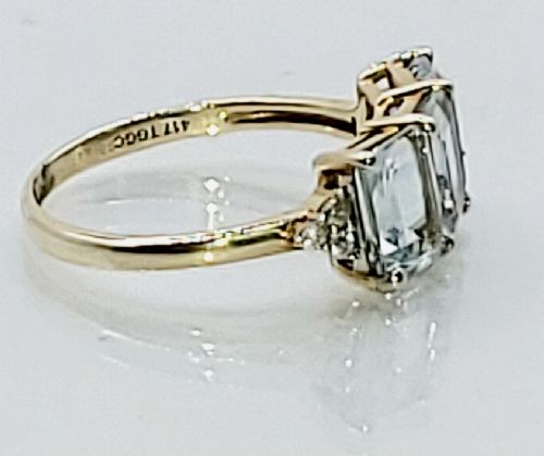 Emerald Cut Aquamarine & Diamond Trilogy 10ct Gold Ring (N1/2)