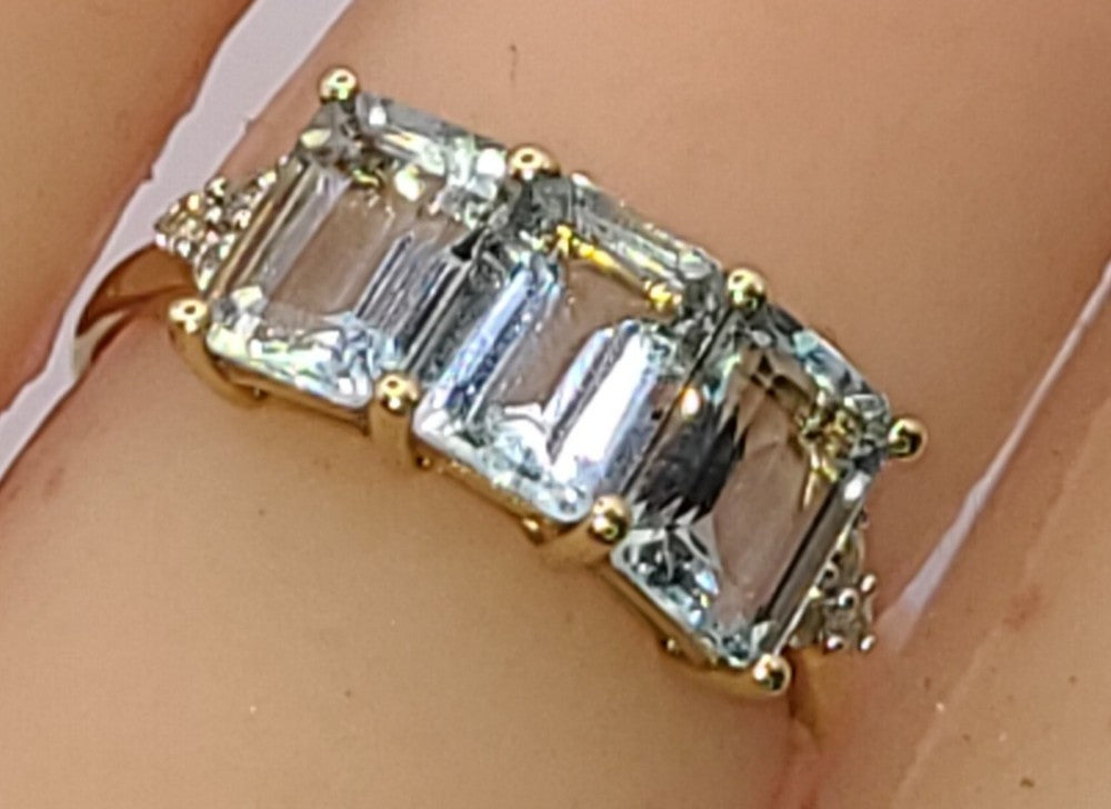 Emerald Cut Aquamarine & Diamond Trilogy 10ct Gold Ring (N1/2)