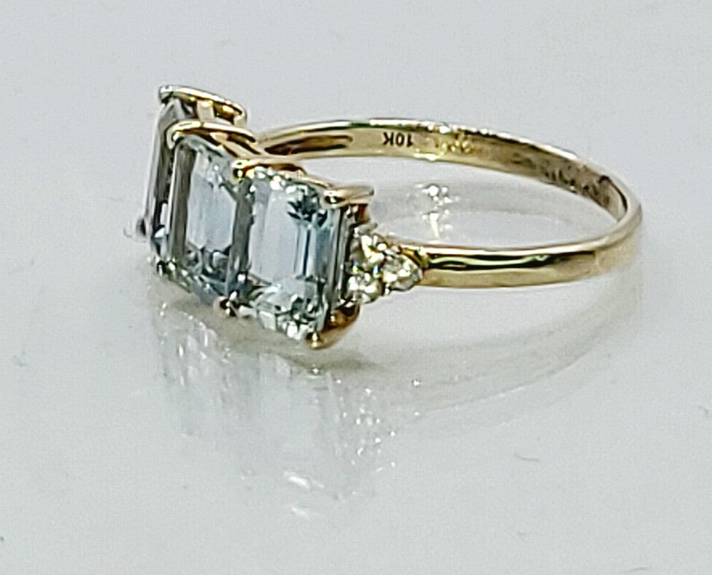 Emerald Cut Aquamarine & Diamond Trilogy 10ct Gold Ring (N1/2)