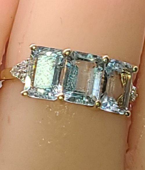 Emerald Cut Aquamarine & Diamond Trilogy 10ct Gold Ring (N1/2)
