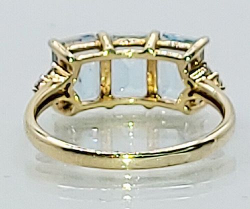 Emerald Cut Aquamarine & Diamond Trilogy 10ct Gold Ring (N1/2)
