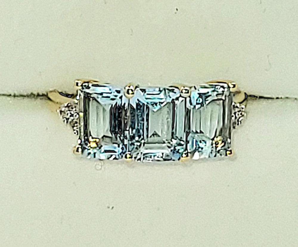 Emerald Cut Aquamarine & Diamond Trilogy 10ct Gold Ring (N1/2)