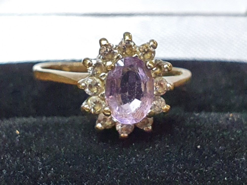 Vintage Amethyst & Diamond Halo Ring 9ct Gold