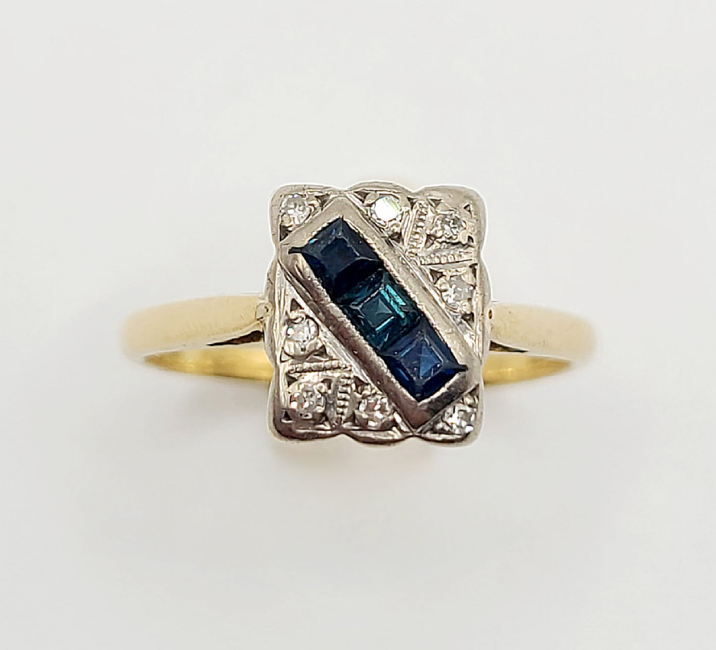 Art Deco Princess Sapphire & Diamond Platinum 18ct Gold Panel Ring