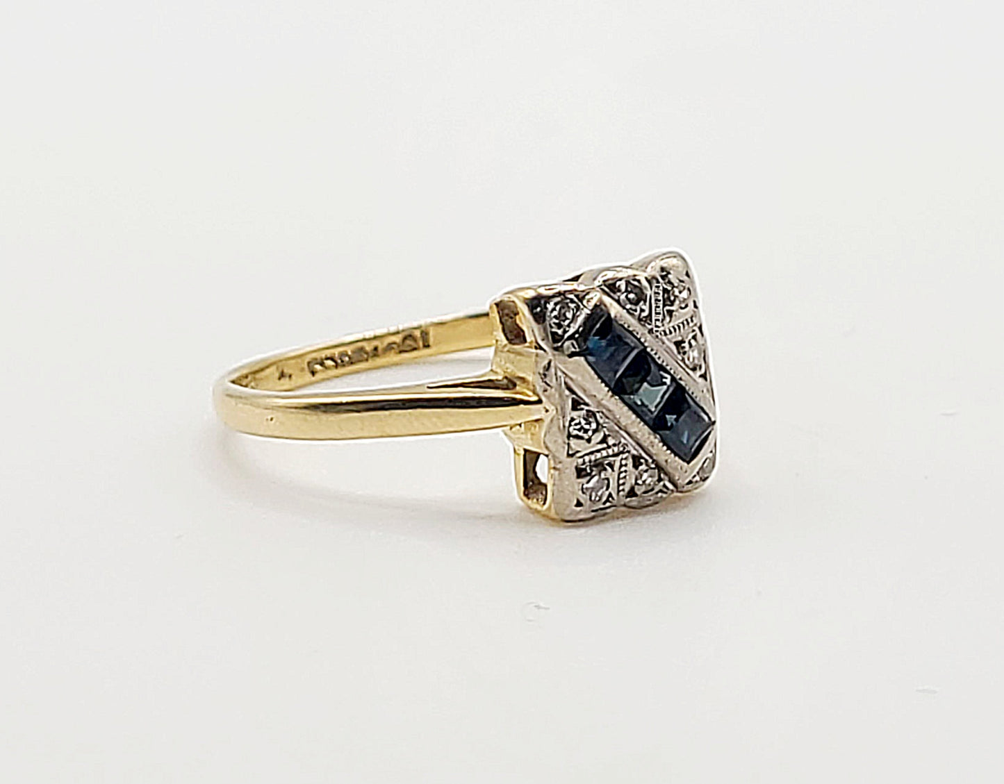 Art Deco Princess Sapphire & Diamond Platinum 18ct Gold Panel Ring