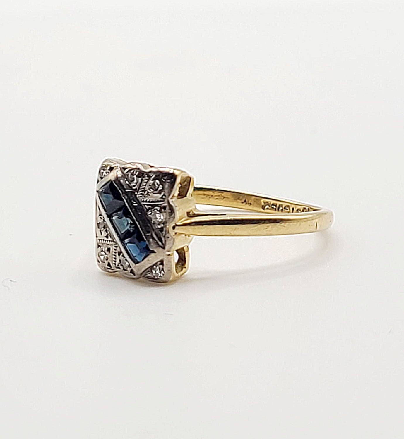 Art Deco Princess Sapphire & Diamond Platinum 18ct Gold Panel Ring