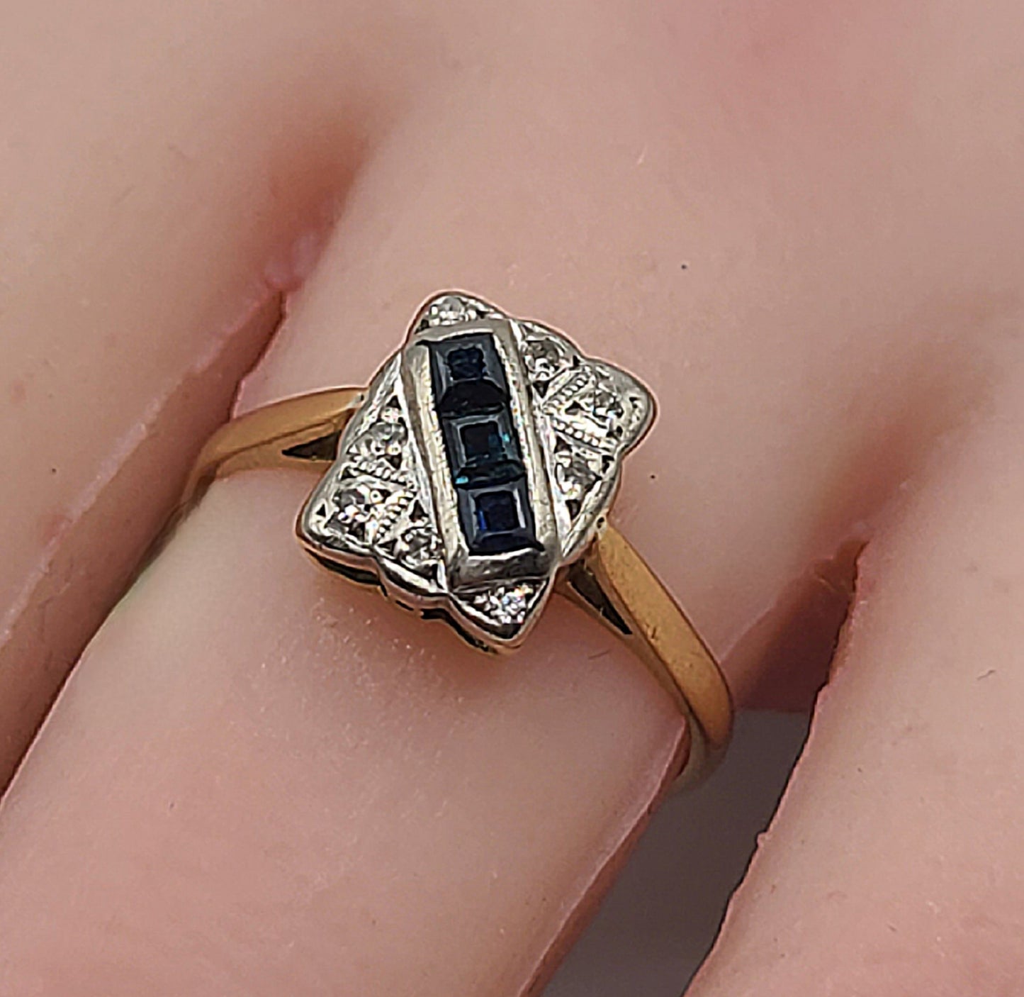 Art Deco Princess Sapphire & Diamond Platinum 18ct Gold Panel Ring