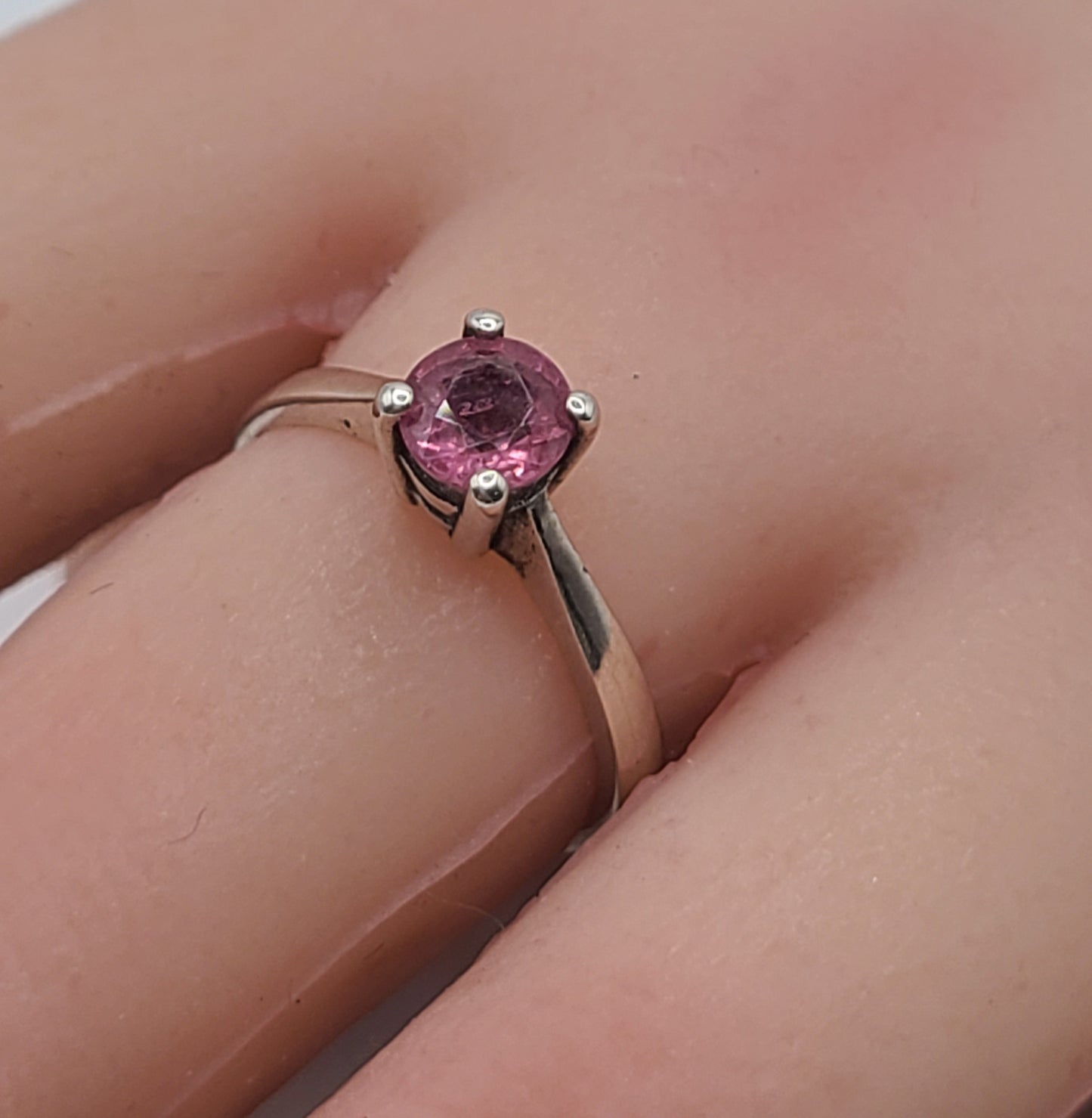 Round Cut Pink Tourmaline Solitaire on Sterling Silver Ring