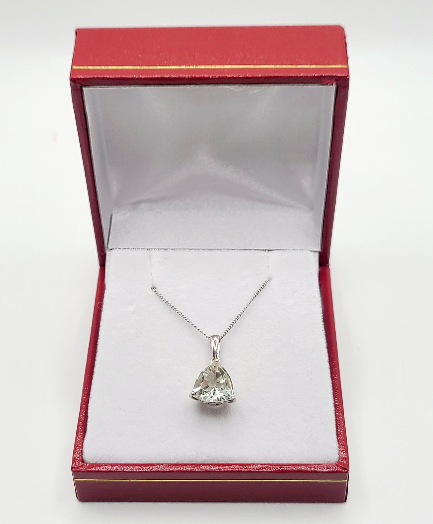 Trilliant Cut Large Green Amethyst Pendant on 925 Sterling Silver Setting & Chain