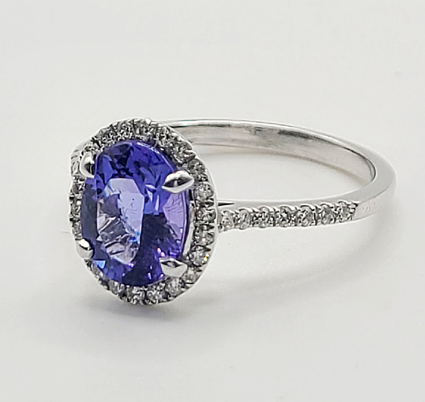 Tanzanite 1.5ct Solitaire with Diamond Halo & Shoulders 18ct White Gold Ring (P)