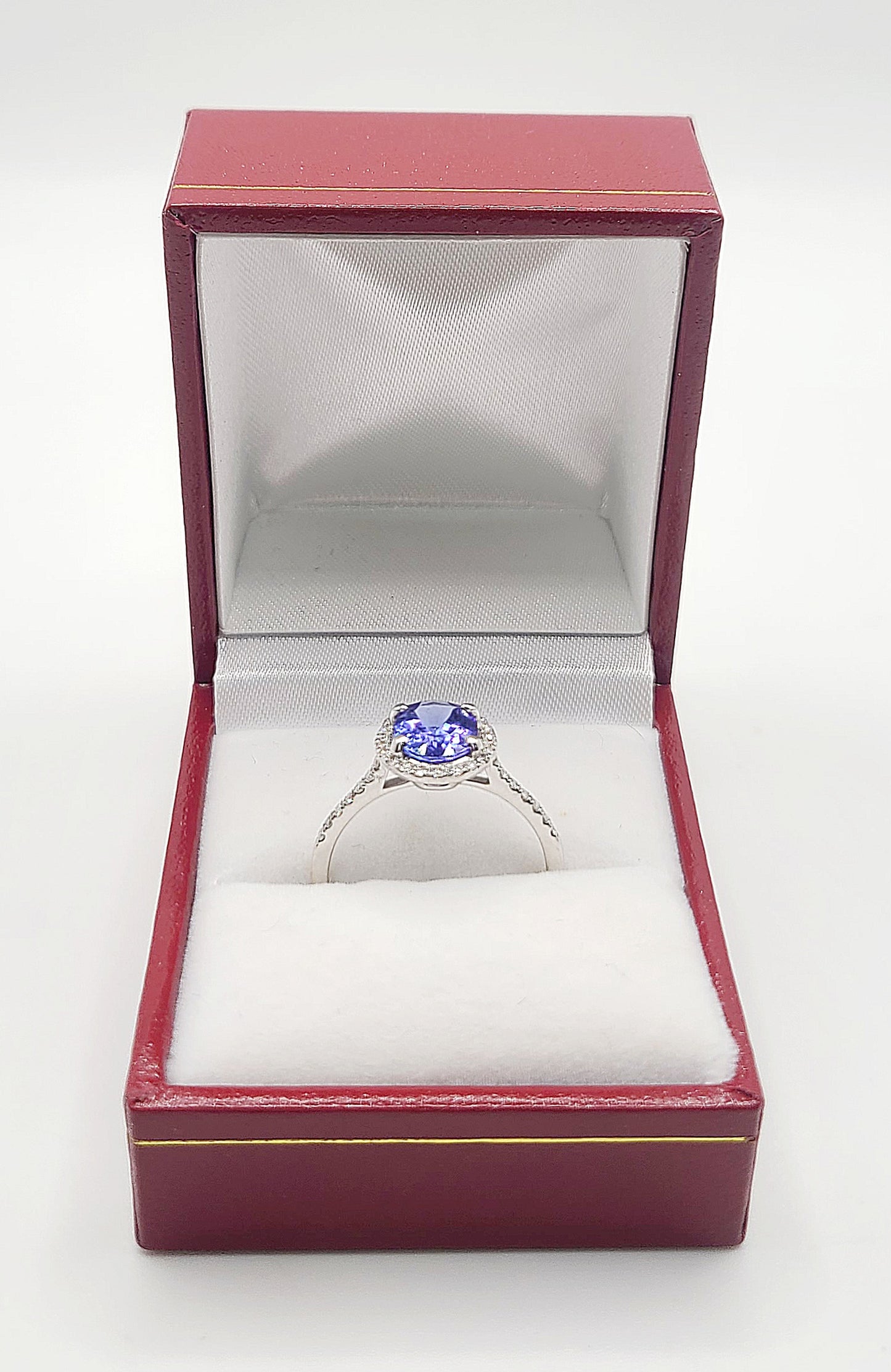 Tanzanite 1.5ct Solitaire with Diamond Halo & Shoulders 18ct White Gold Ring (P)