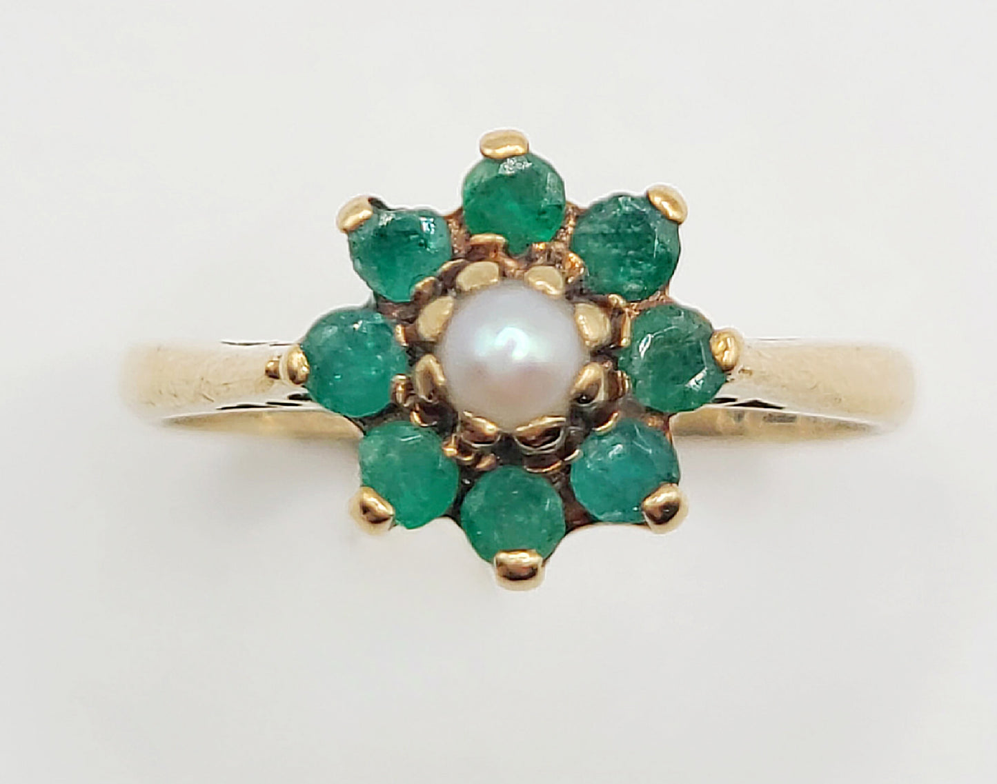 Natural Emerald & Cultured Pearl Cluster 9ct Gold Ring