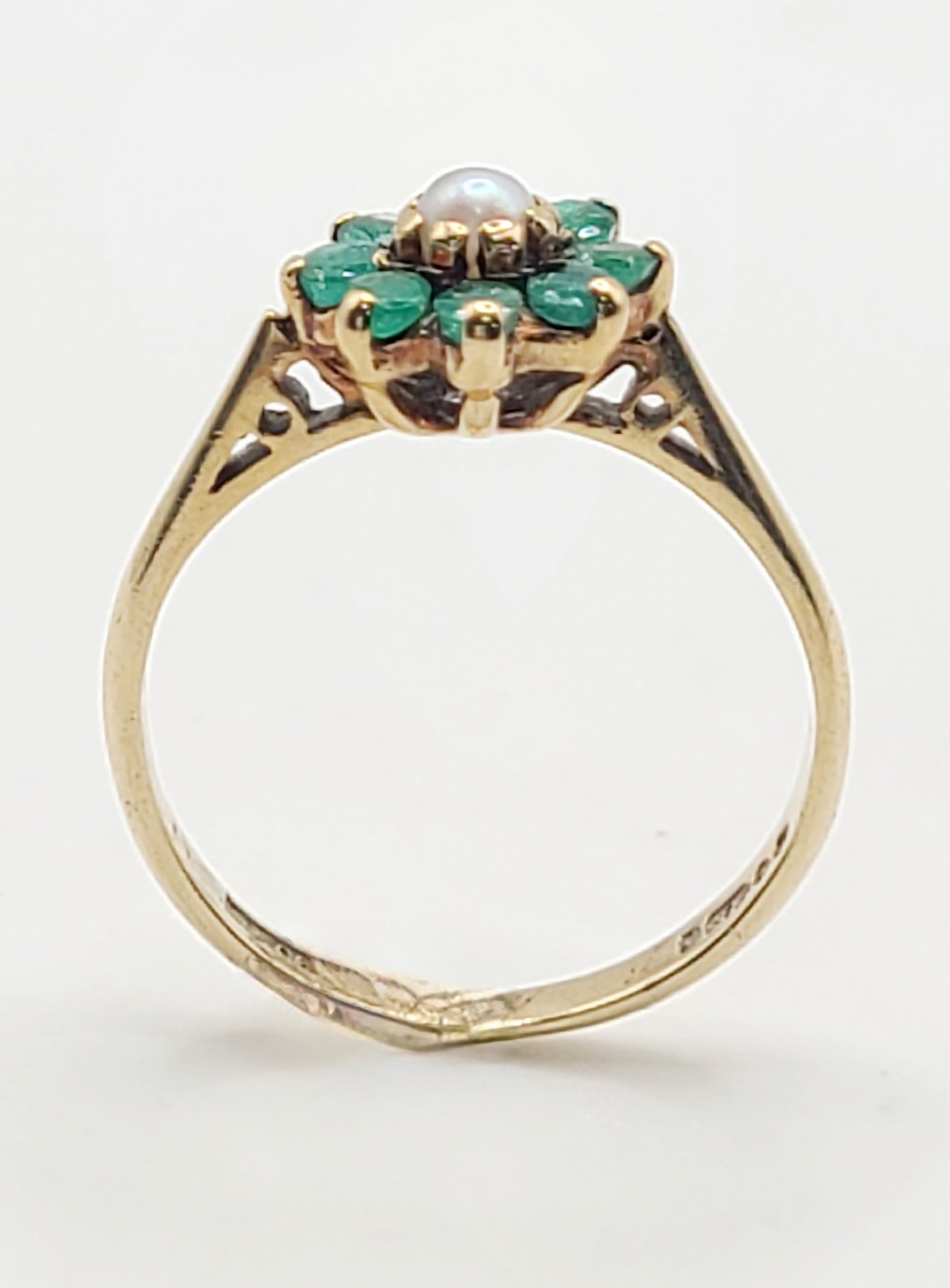 Natural Emerald & Cultured Pearl Cluster 9ct Gold Ring