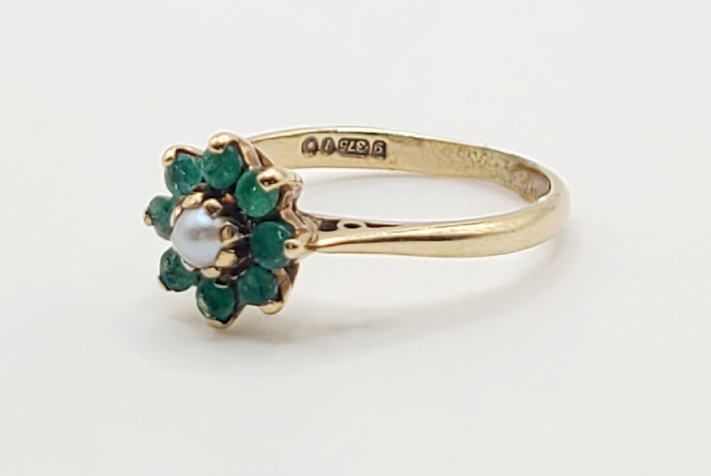 Natural Emerald & Cultured Pearl Cluster 9ct Gold Ring