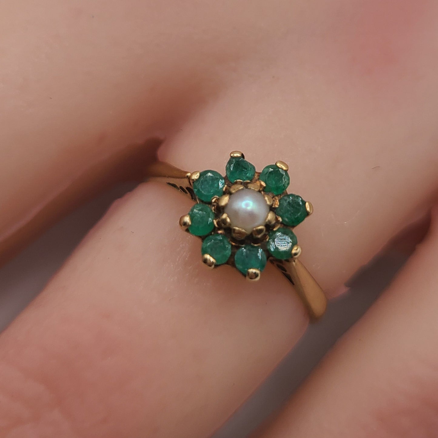 Natural Emerald & Cultured Pearl Cluster 9ct Gold Ring