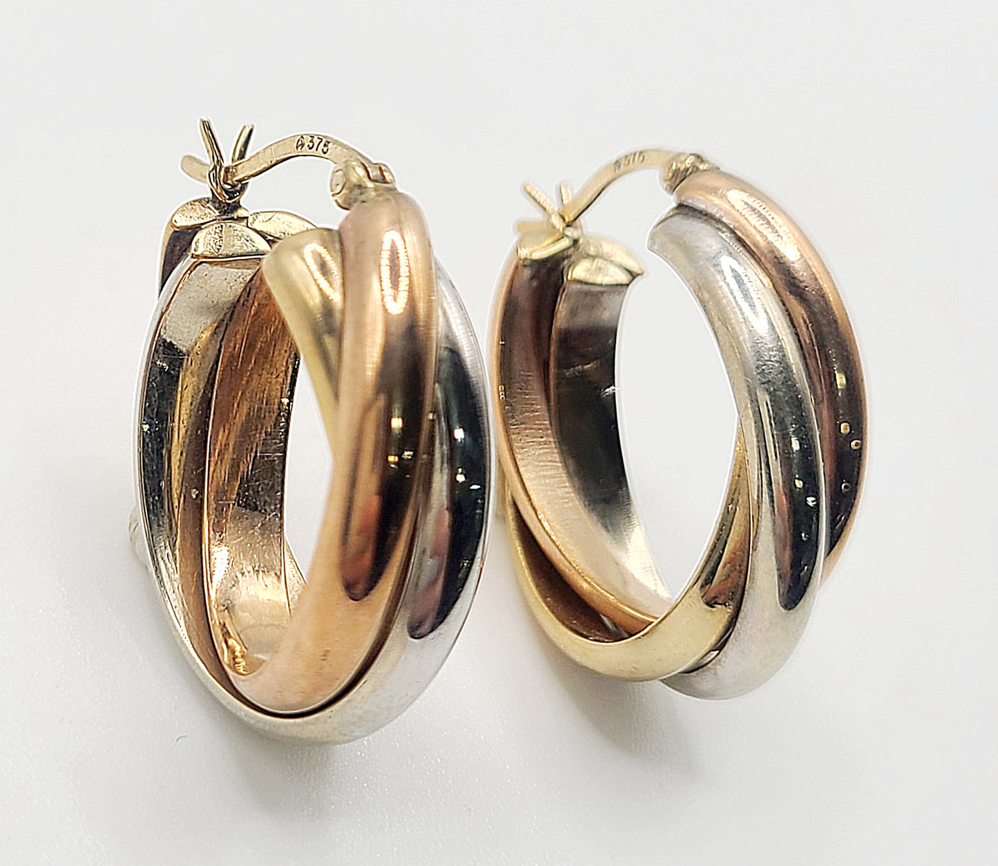 Heavy 9ct Gold x3 Colour Swirl Stud Earrings