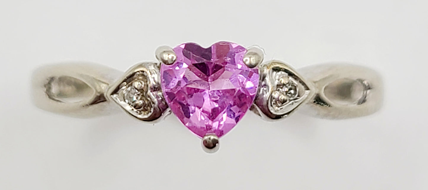 Pink Sapphire & Diamond 9ct White Gold Love Heart Ring (N1/2)