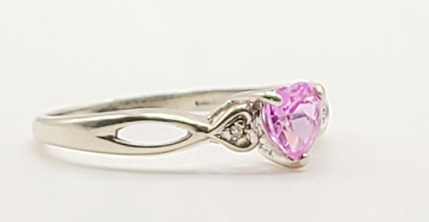 Pink Sapphire & Diamond 9ct White Gold Love Heart Ring (N1/2)