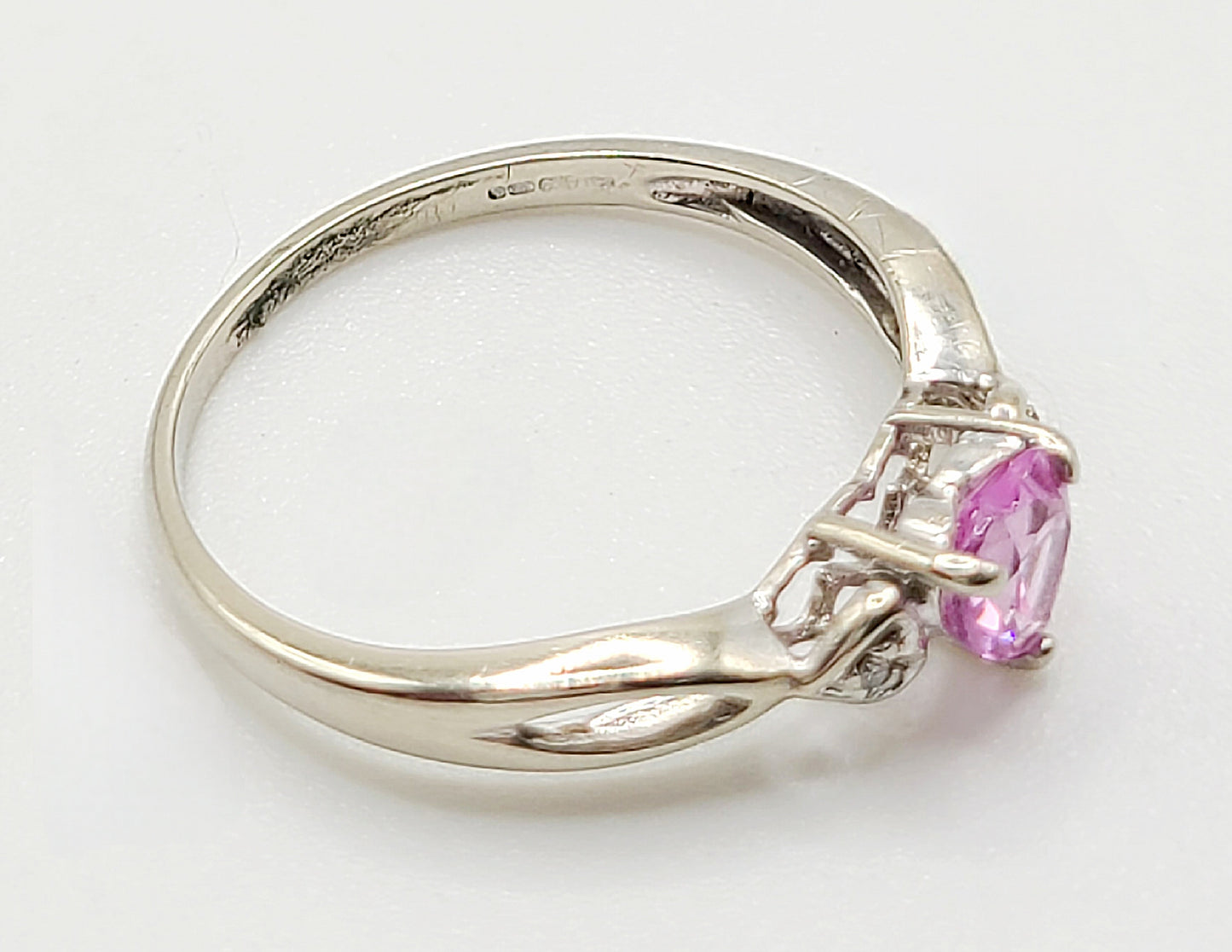 Pink Sapphire & Diamond 9ct White Gold Love Heart Ring (N1/2)