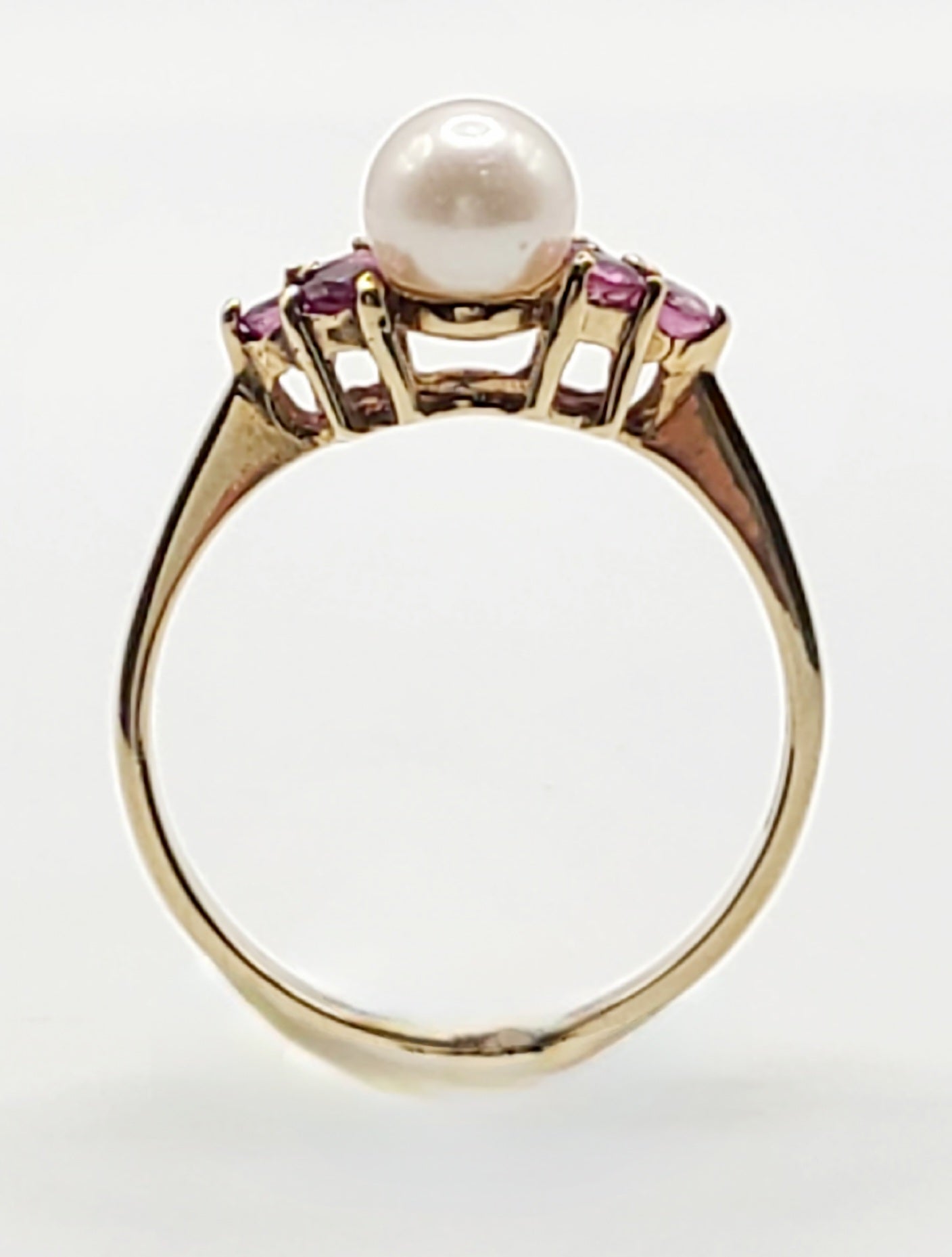 Pearl & Ruby Trio Cluster on 9ct Gold Ring - size N
