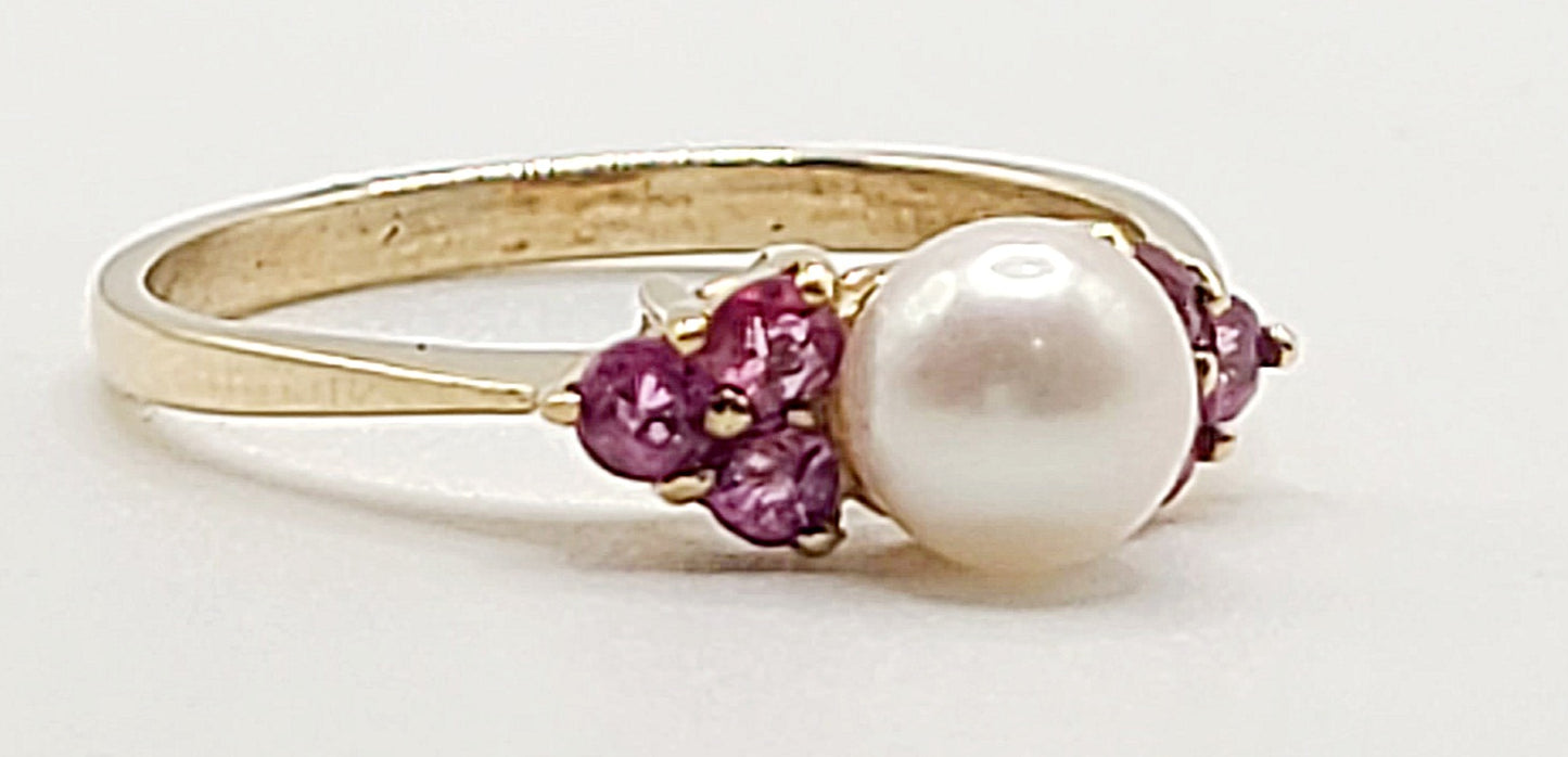 Pearl & Ruby Trio Cluster on 9ct Gold Ring - size N