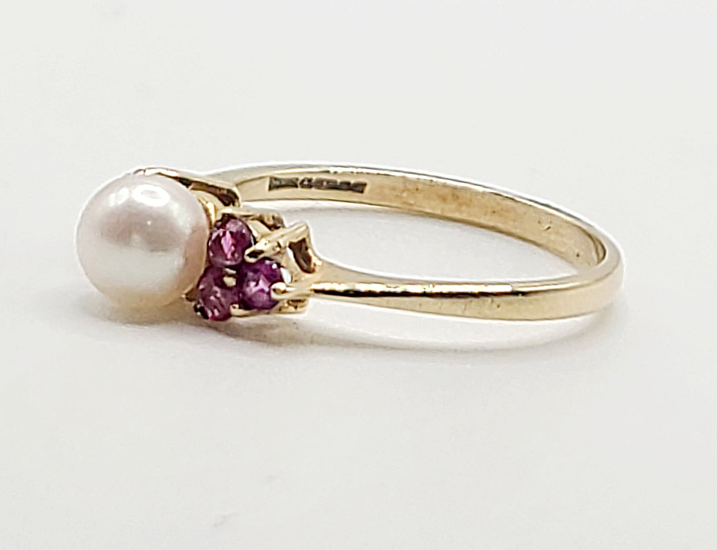 Pearl & Ruby Trio Cluster on 9ct Gold Ring - size N