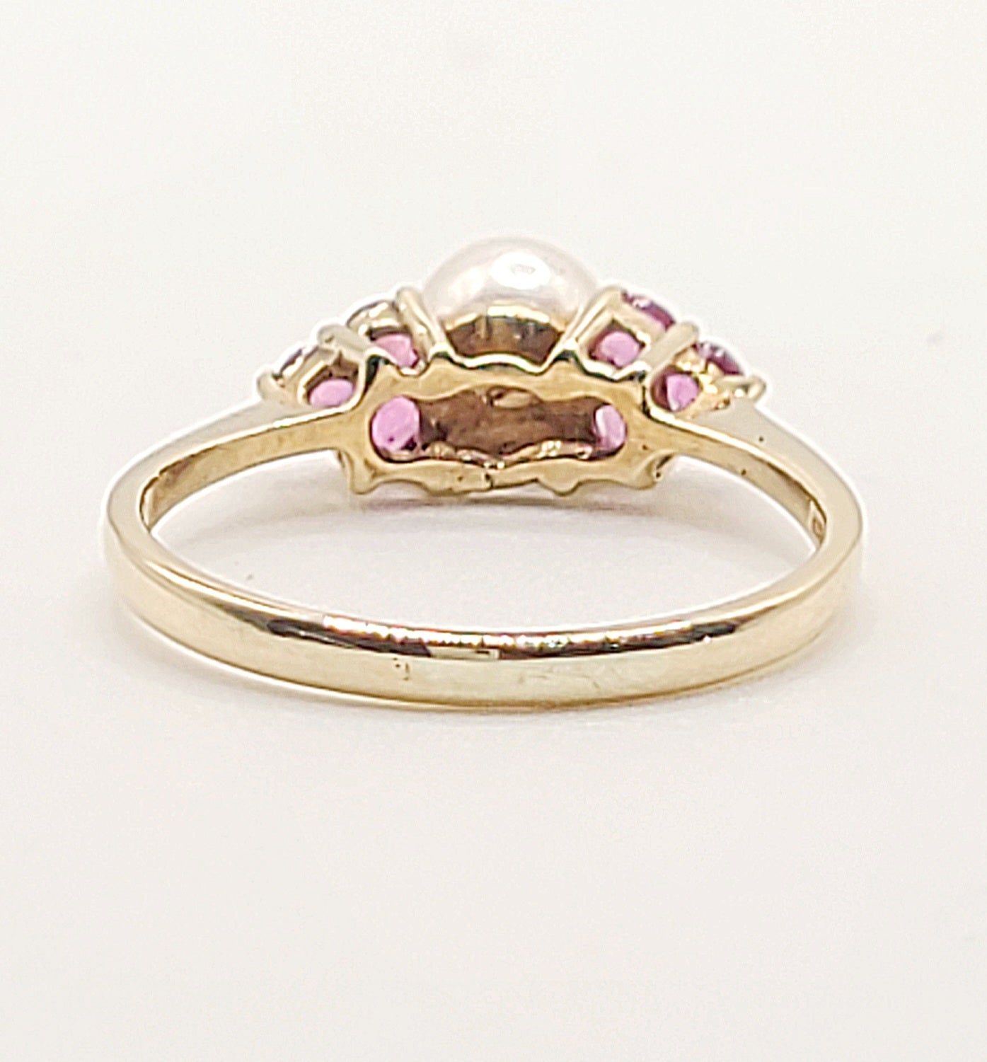 Pearl & Ruby Trio Cluster on 9ct Gold Ring - size N
