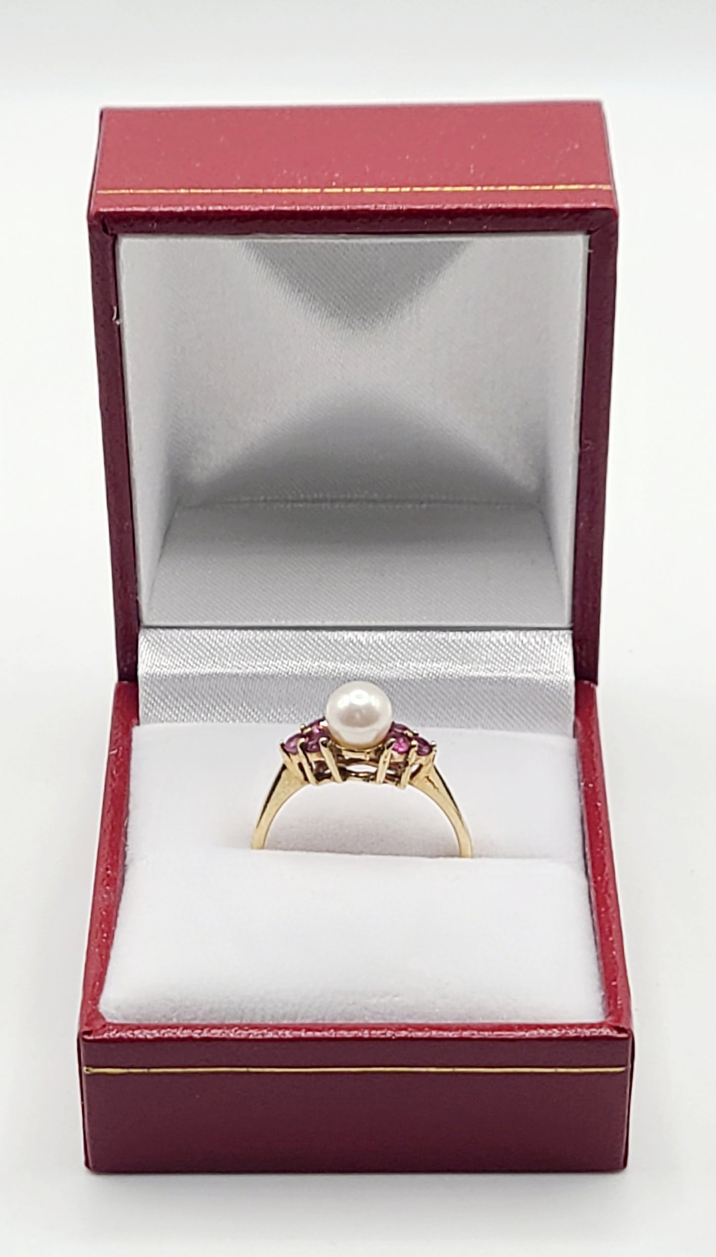 Pearl & Ruby Trio Cluster on 9ct Gold Ring - size N
