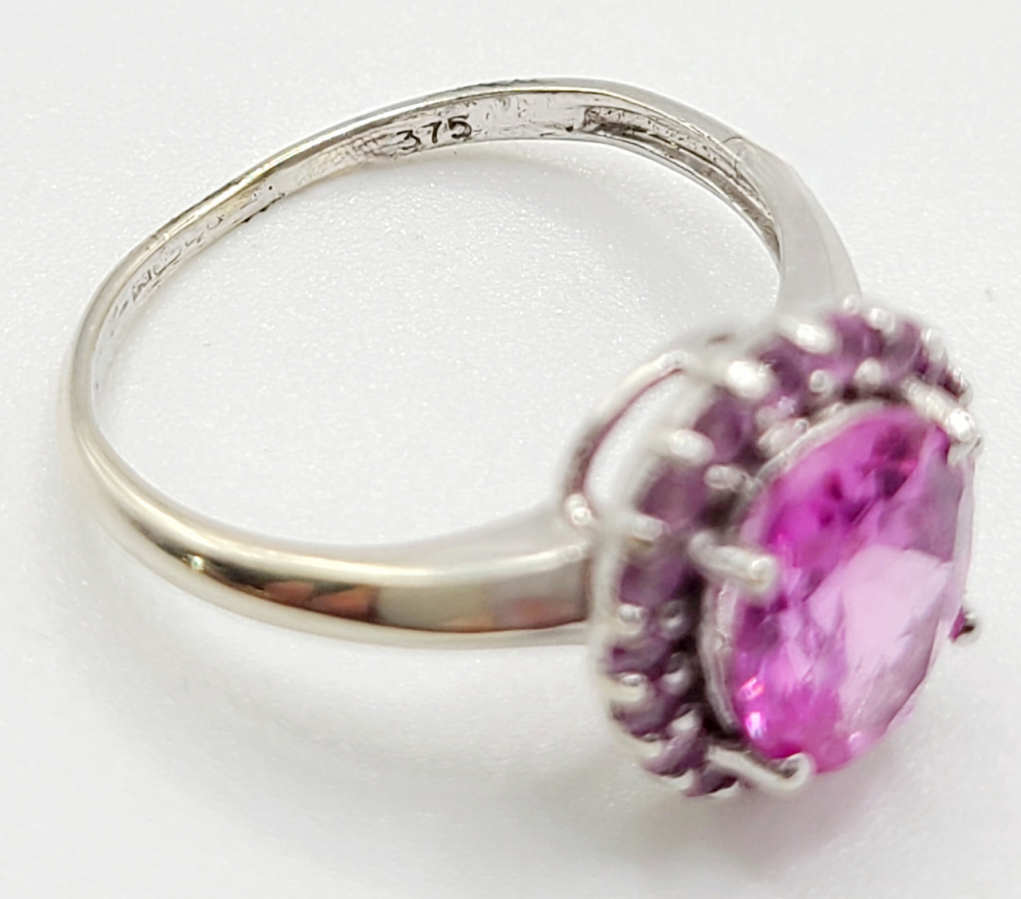 Pink Sapphire Hallmarked Cluster Ring on 9ct White Gold