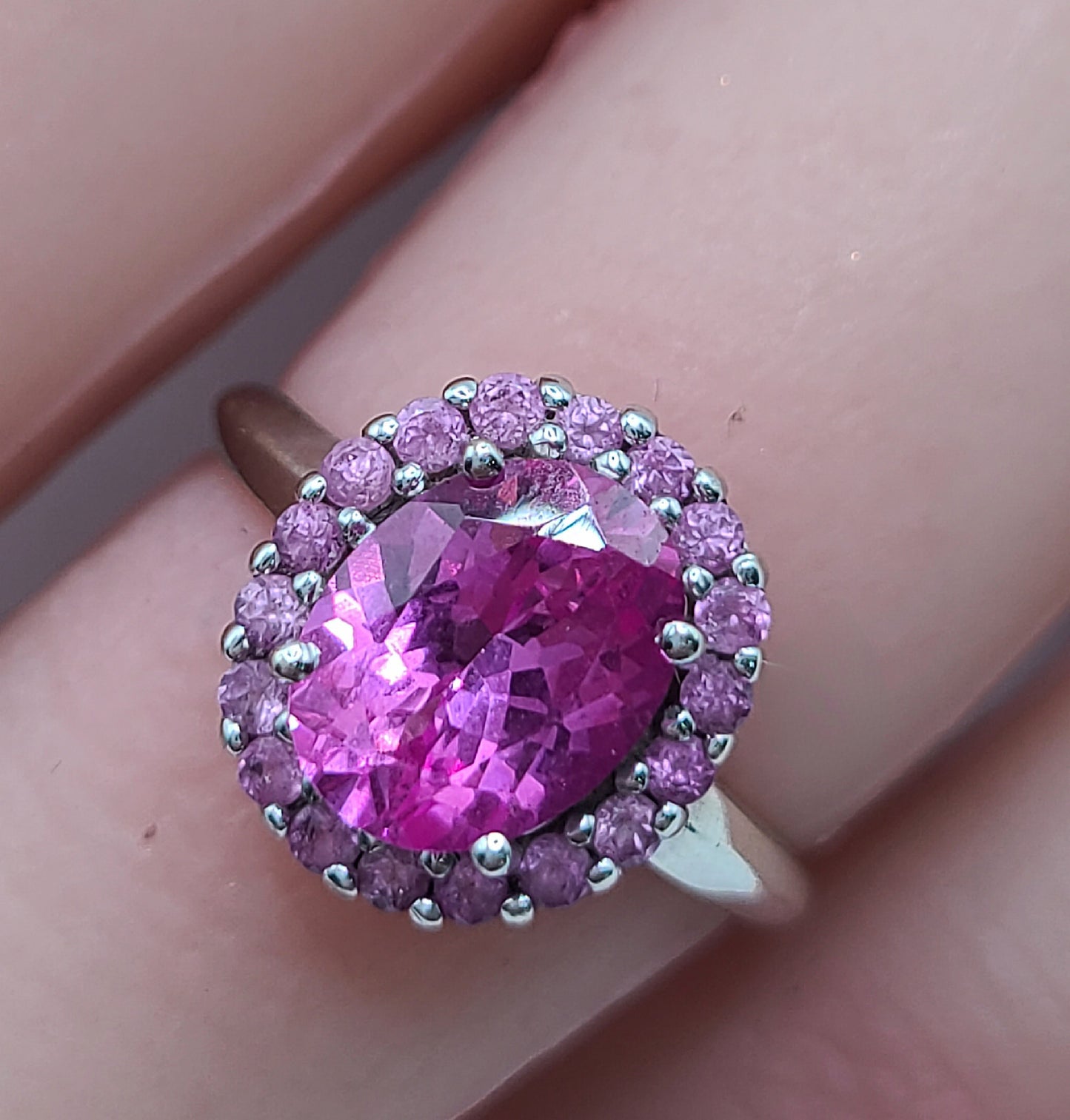 Pink Sapphire Hallmarked Cluster Ring on 9ct White Gold