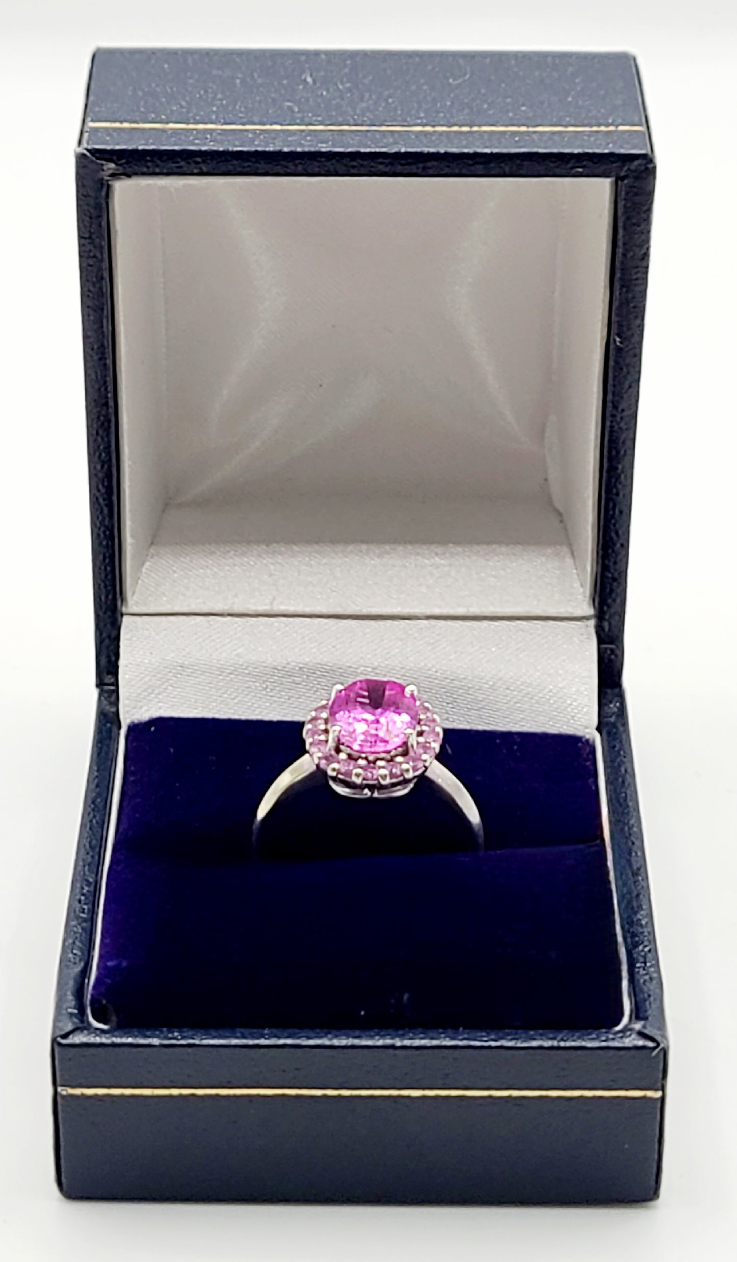 Pink Sapphire Hallmarked Cluster Ring on 9ct White Gold
