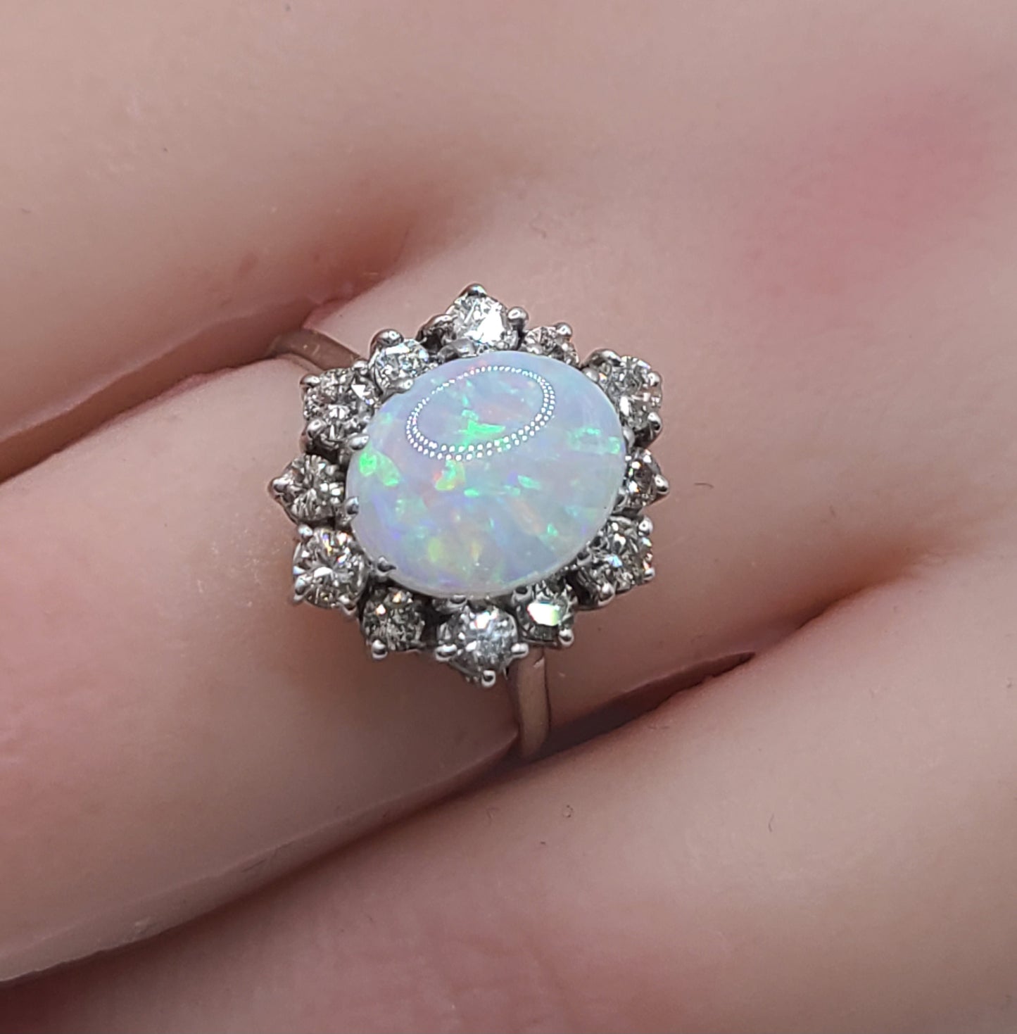 Opal 2ct & 0.5ct Diamond 18ct White Gold Cluster Ring