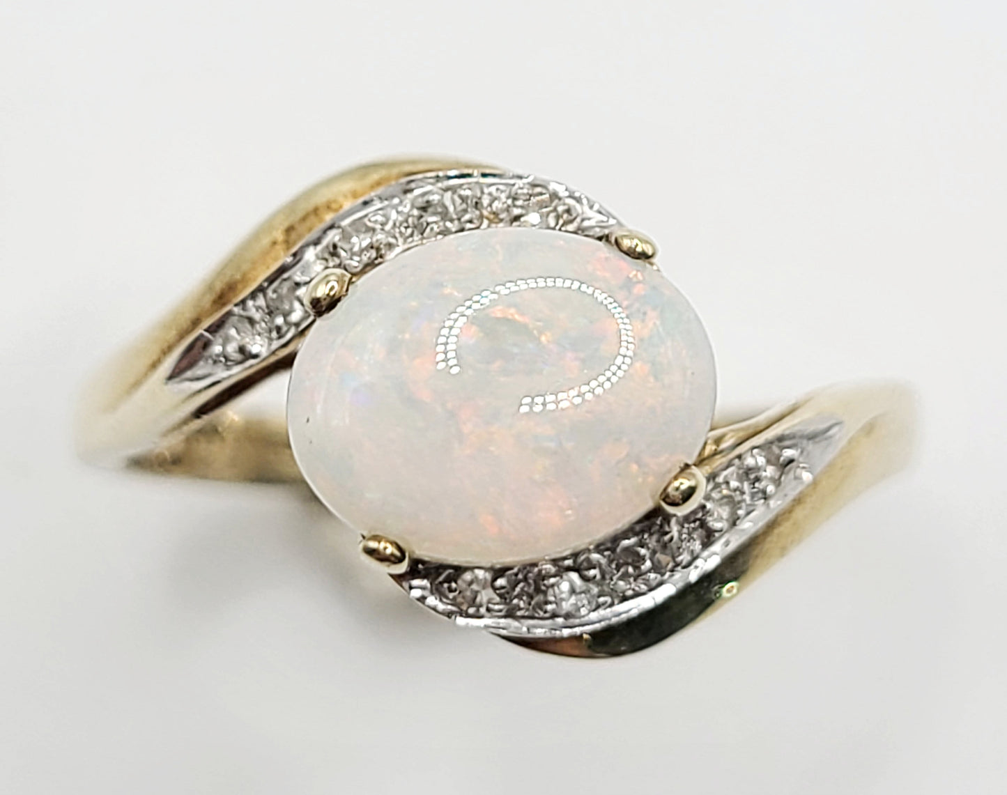 Vintage Oval Cut Opal with Diamond Accents on 9ct Gold Ring Size P1/2