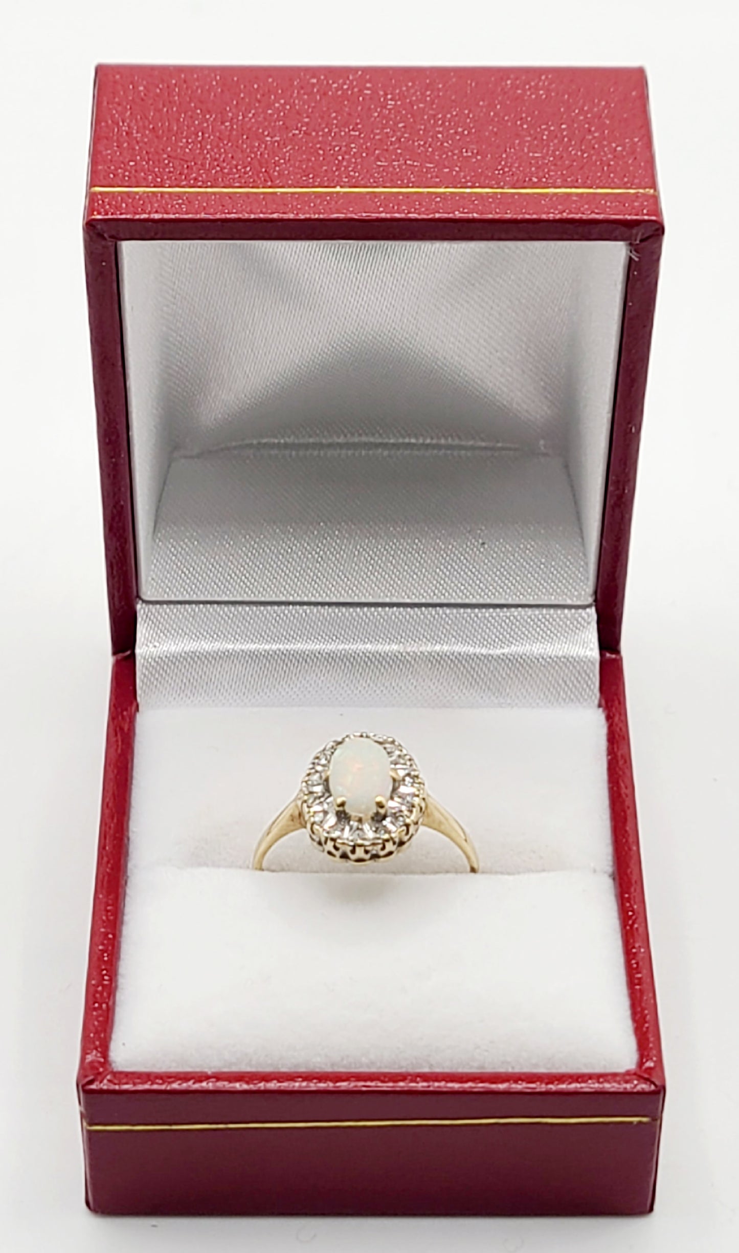 9ct Gold Oval Cut Opal &CZ Halo Ring Size N1/2