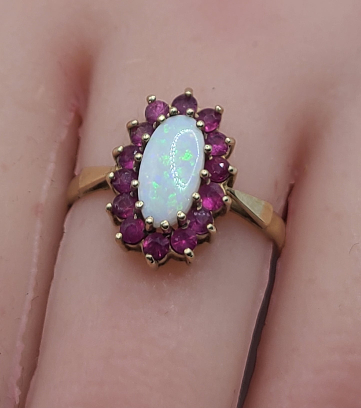 Vintage Fiery Opal with Rubies Halo 375 9ct Gold