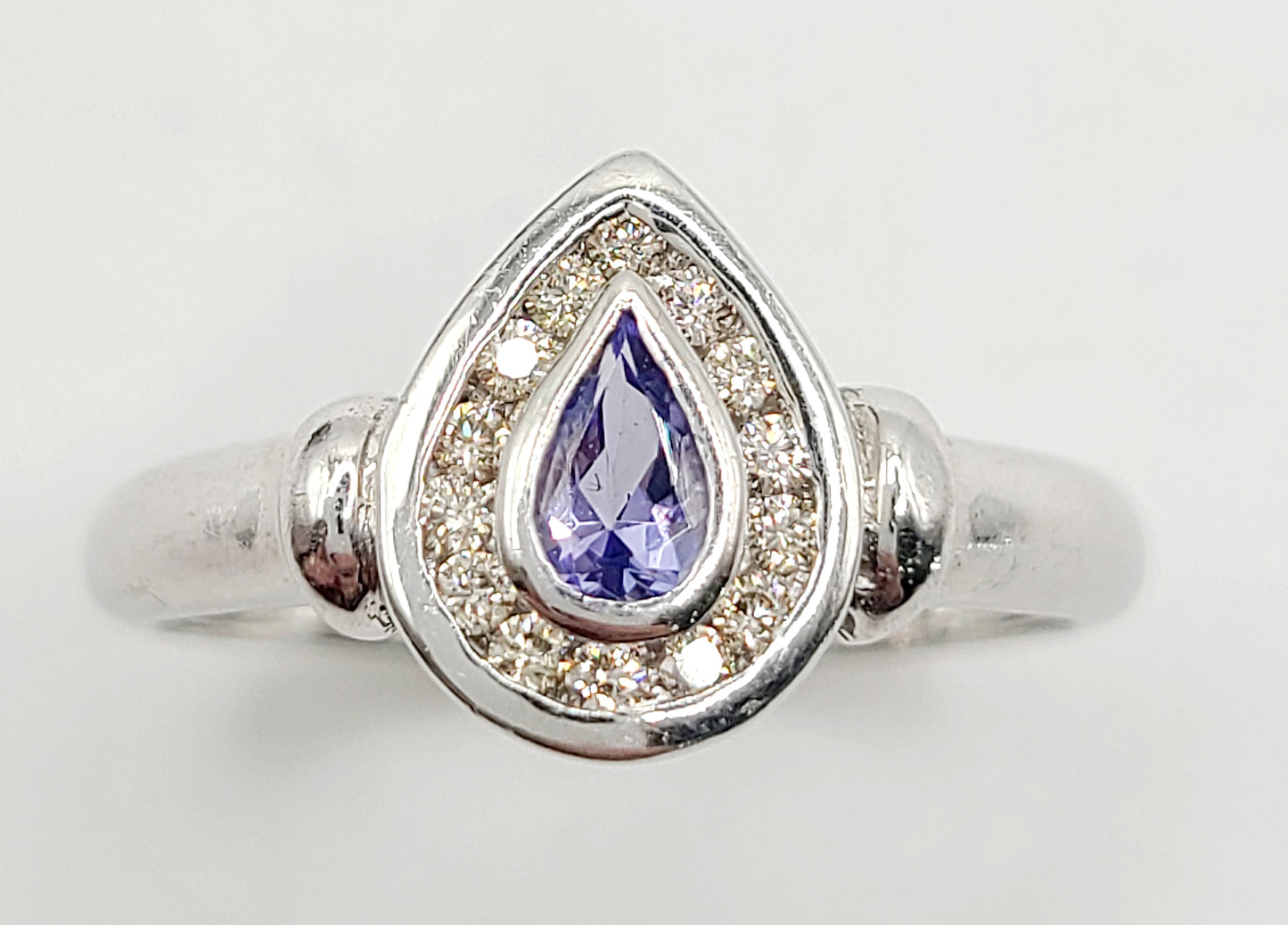 Tear Drop Tanzanite on 9ct White Gold with Diamond Halo, Birmingham c2000