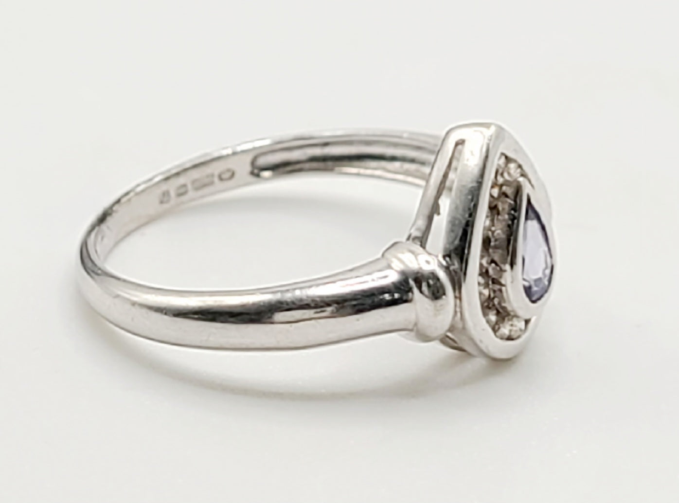 Tear Drop Tanzanite on 9ct White Gold with Diamond Halo, Birmingham c2000