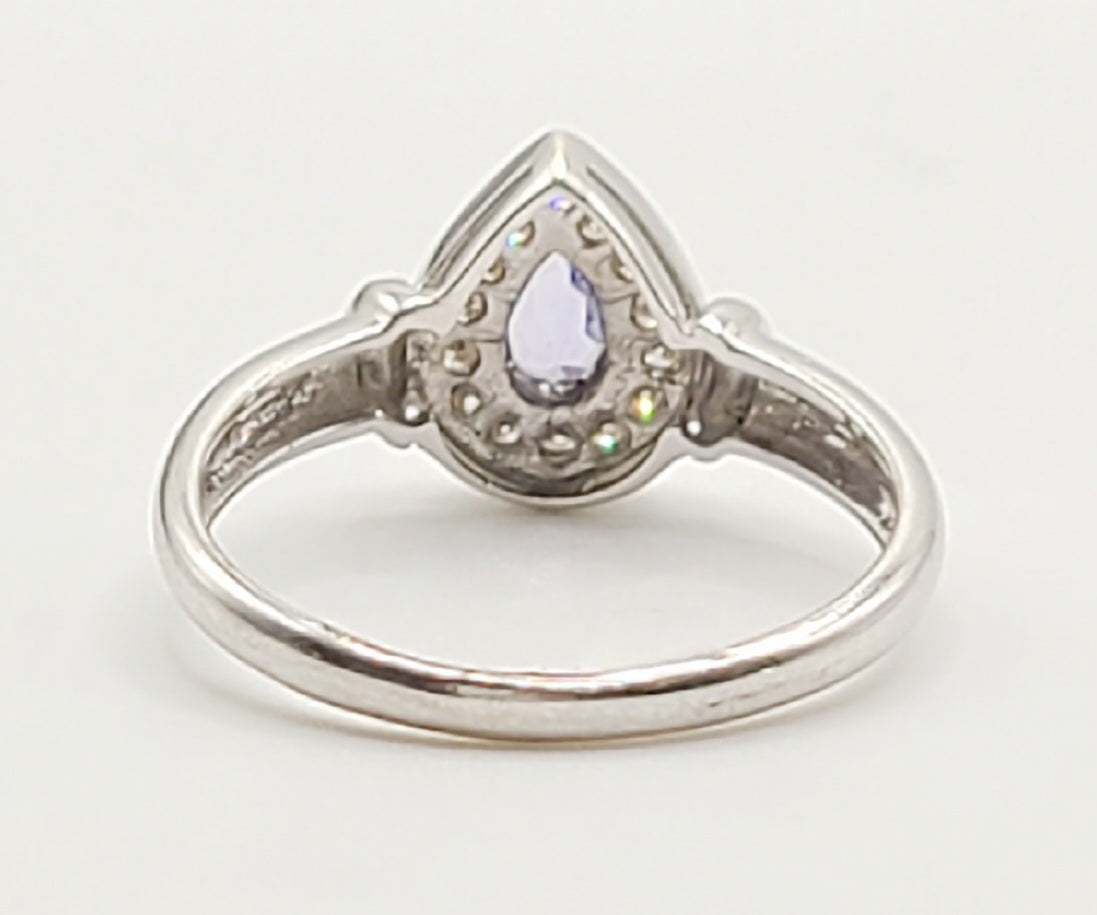 Tear Drop Tanzanite on 9ct White Gold with Diamond Halo, Birmingham c2000