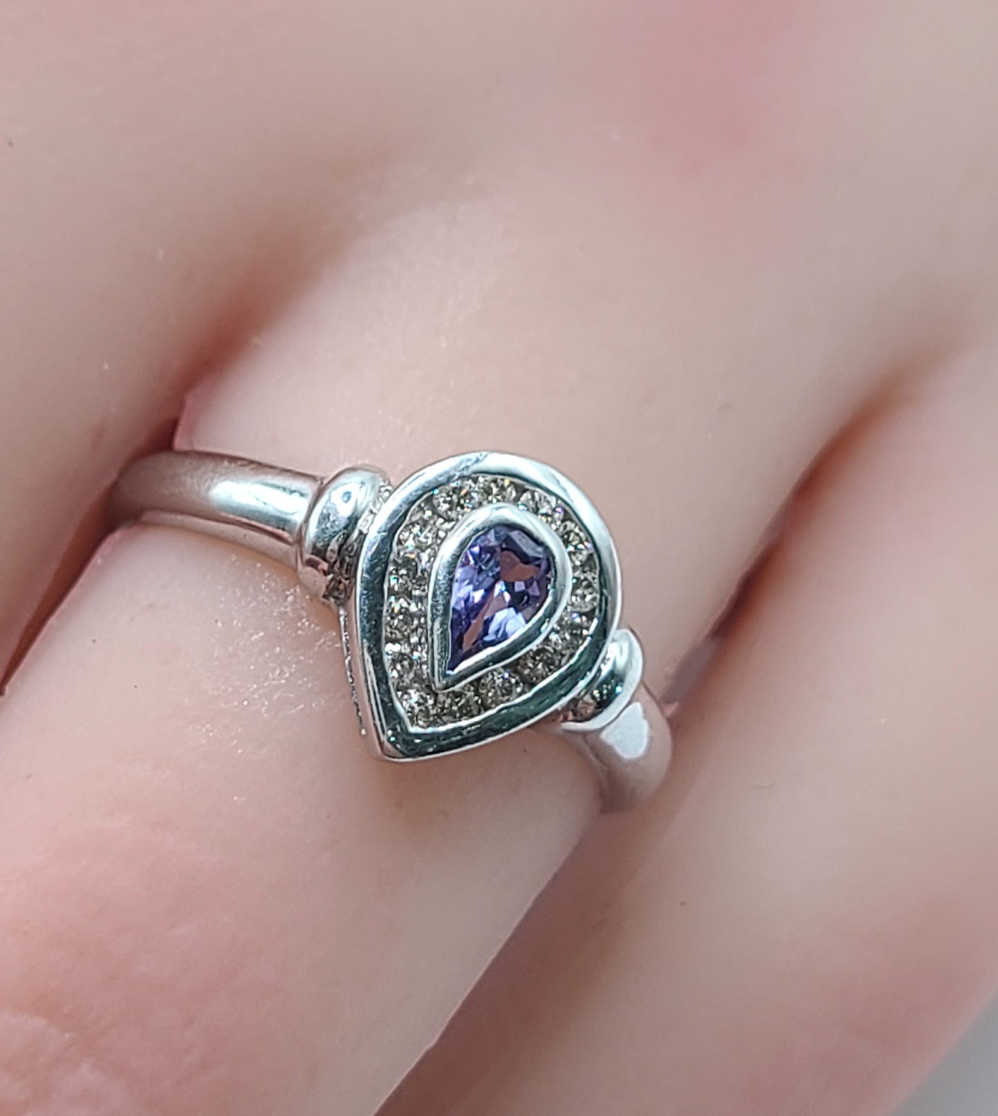 Tear Drop Tanzanite on 9ct White Gold with Diamond Halo, Birmingham c2000