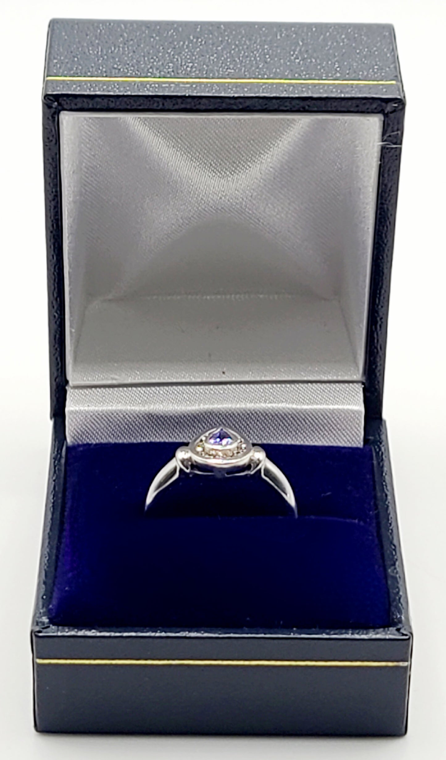 Tear Drop Tanzanite on 9ct White Gold with Diamond Halo, Birmingham c2000