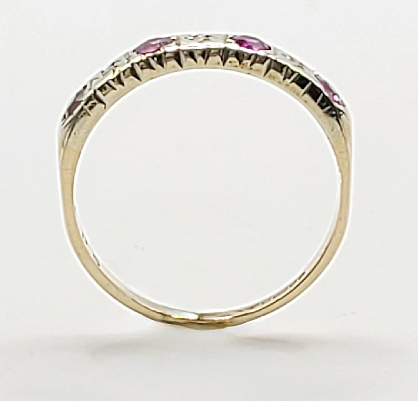 Vintage Round Cut Ruby & Illusion set Diamonds Half Eternity Ring Size M1/2