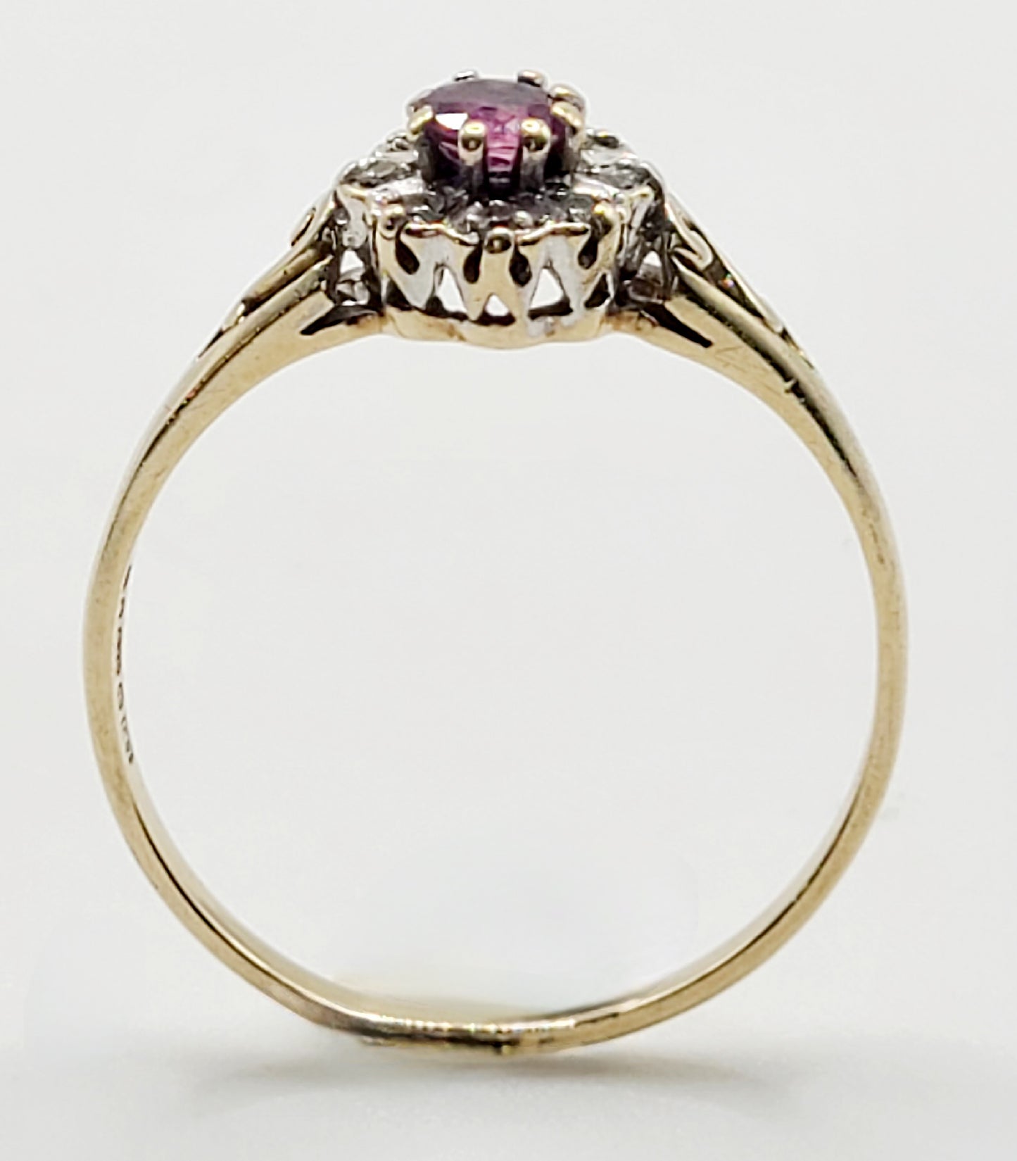 Vintage 1940s Art Deco Ruby with Diamond Halo on 9ct Gold