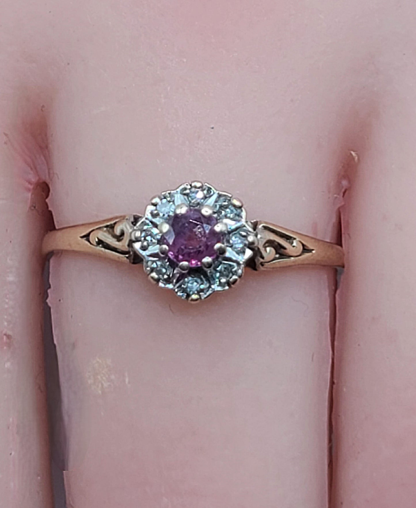 Vintage 1940s Art Deco Ruby with Diamond Halo on 9ct Gold