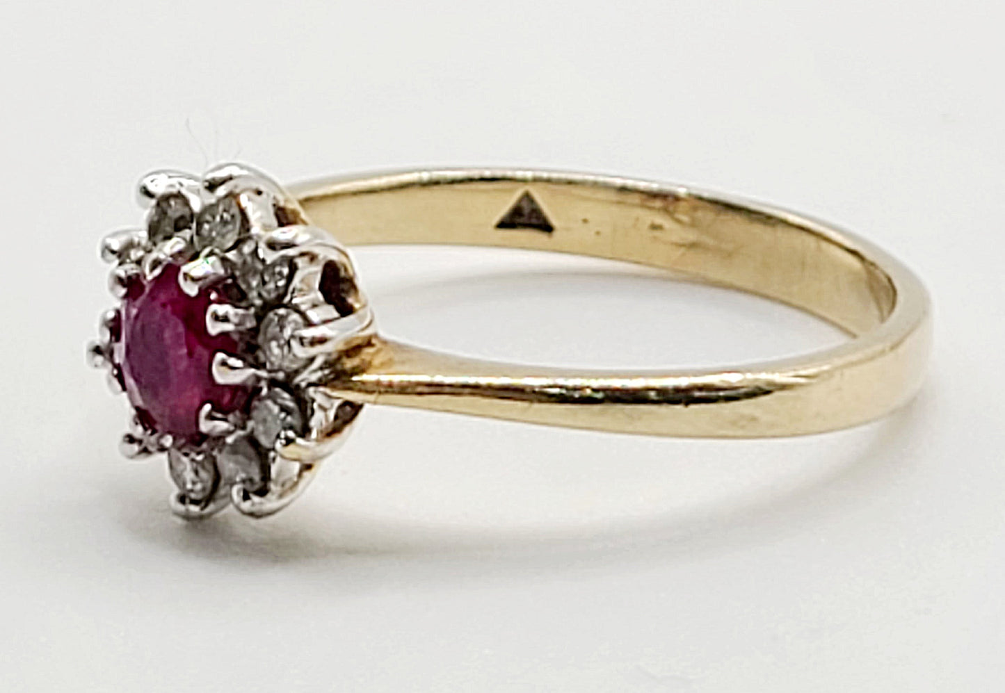 Vintage Ruby Diamond Halo on 9ct Gold Band M